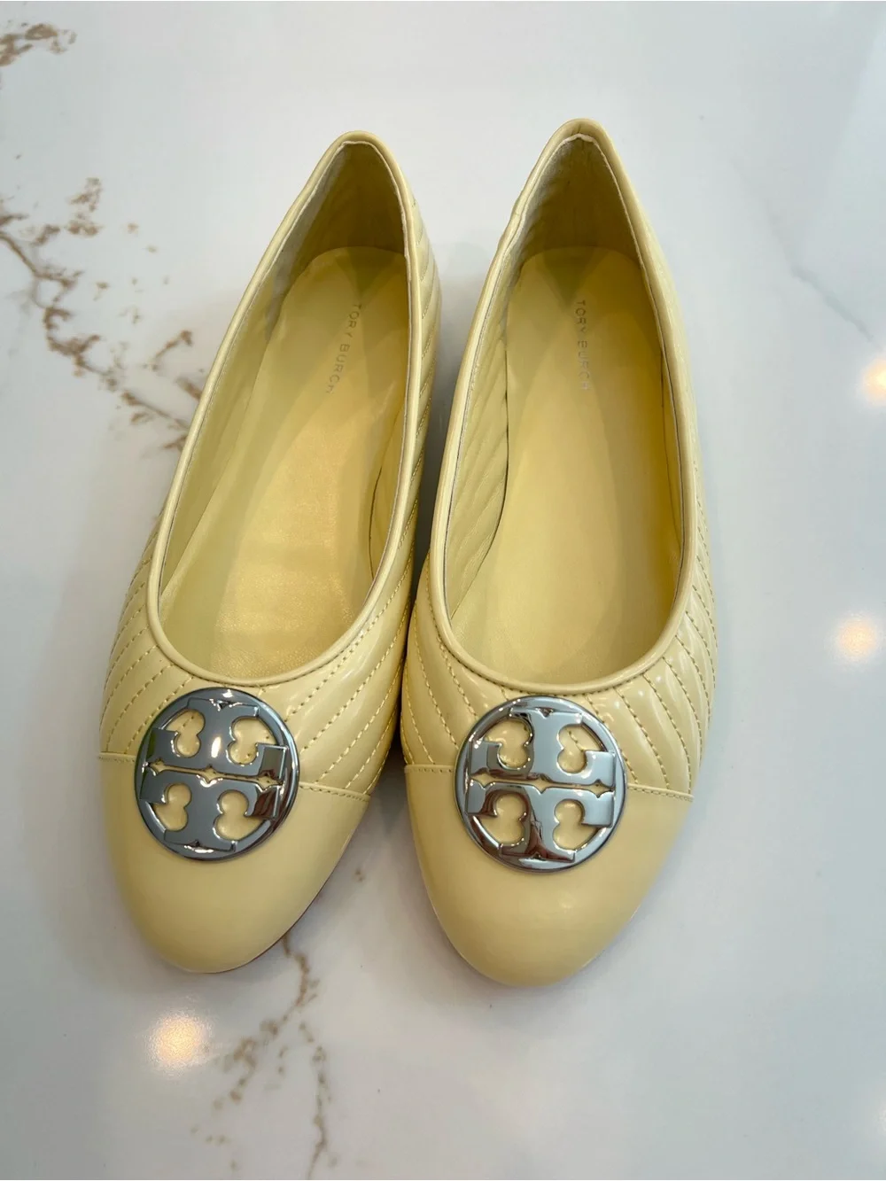 Tory Burch Pale Yellow Quilted Leather Logo Ballet Flats